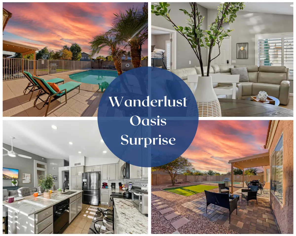 The image showcases a sparkling swimming pool surrounded by inviting lounge chairs, a spacious outdoor seating area perfect for gatherings, and glimpses of the modern kitchen and comfortable living room through large windows. The setting is sunlit and tranquil, ideal for relaxation and socializing.